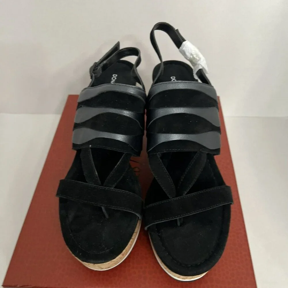 Donald Pliner Valri Wedge‎ Sandals Women's 10 Solid Black Strappy Slingback NWB